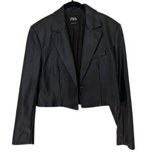 Zara Cropped Faux Leather Blazer Jacket Black Single Button Size M